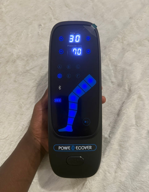 Écran de la télécommande Presso Boots : durée, pression en mmHg et 6 modes de massage